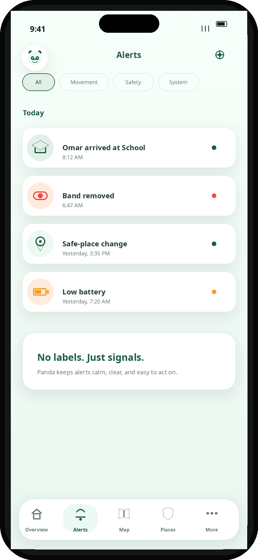 Panda Parent mobile app alerts screen showing recent child safety updates.