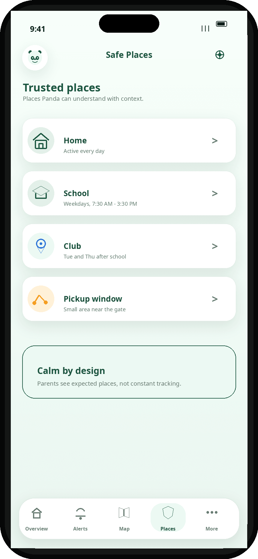 Panda Parent mobile app safe places screen showing the family’s trusted locations.