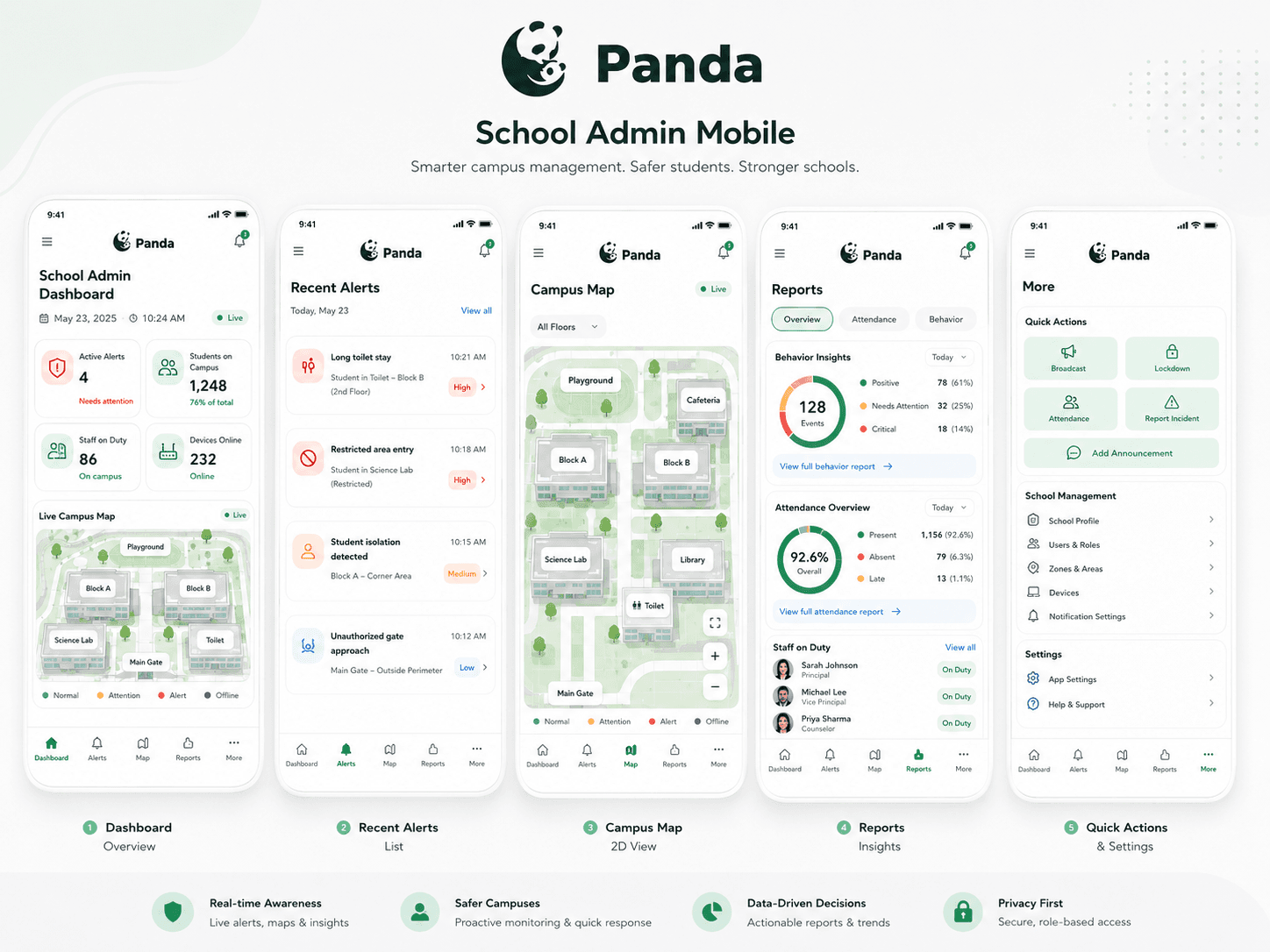 Panda school admin mobile app screens.