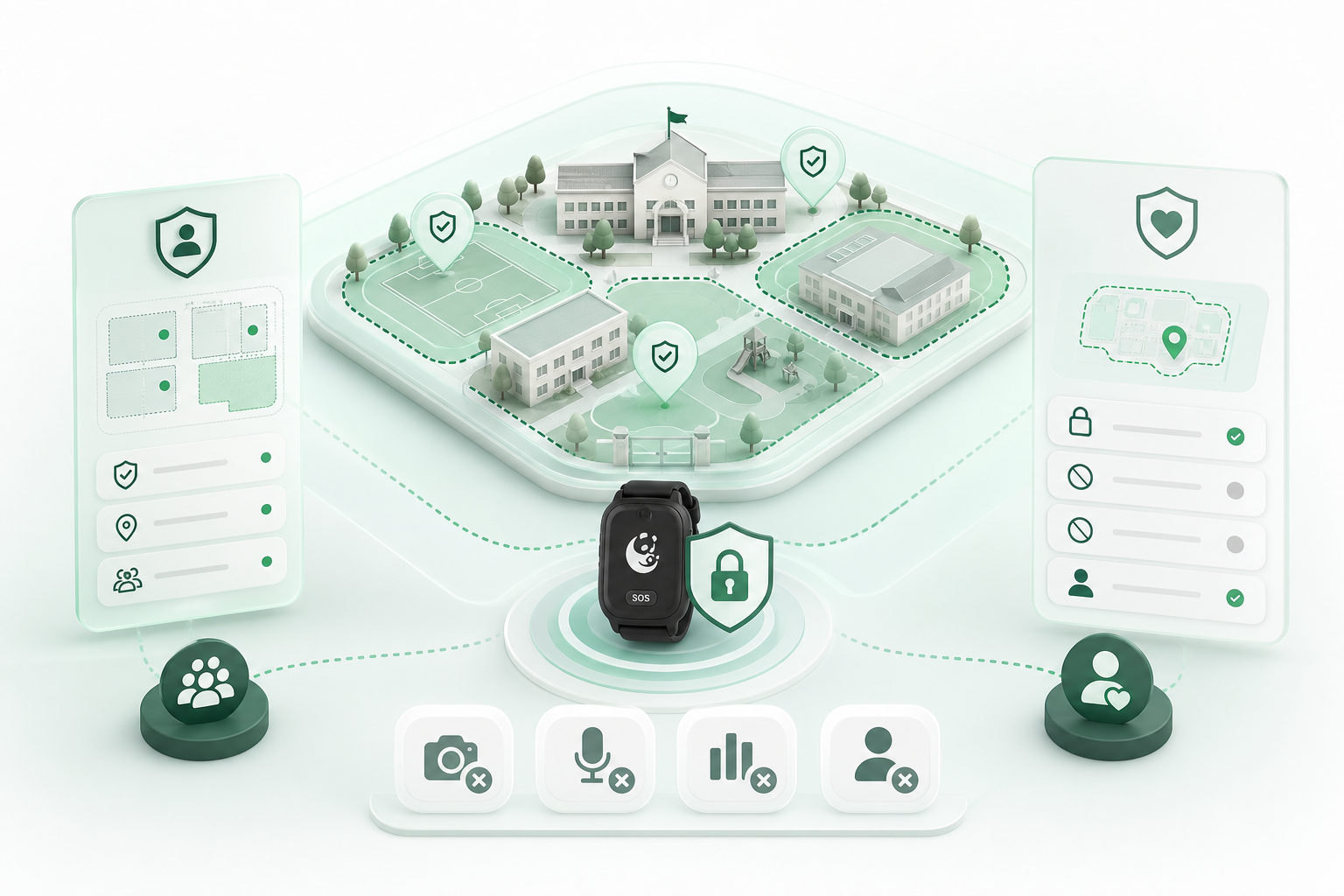 Abstract Panda privacy visual showing school zones, role-based access, and no camera or microphone symbols.