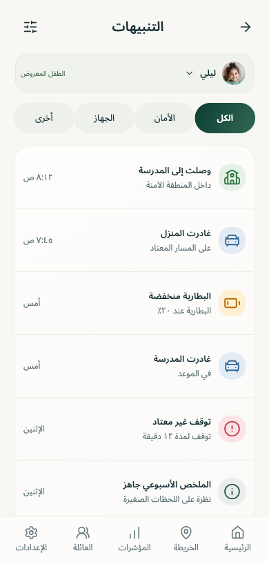 معاينة شاشة التنبيهات في تطبيق باندا للأهل ببيانات توضيحية.