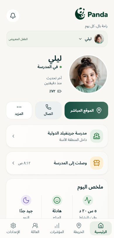 معاينة شاشة الرئيسية في تطبيق باندا للأهل ببيانات توضيحية.