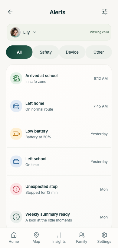 Panda Parent alerts app preview with sample data.