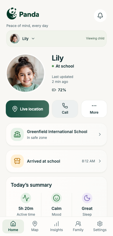 Panda Parent home app preview with sample data.