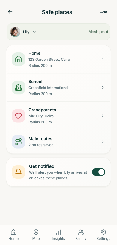 Panda Parent familiar places screen with sample data.