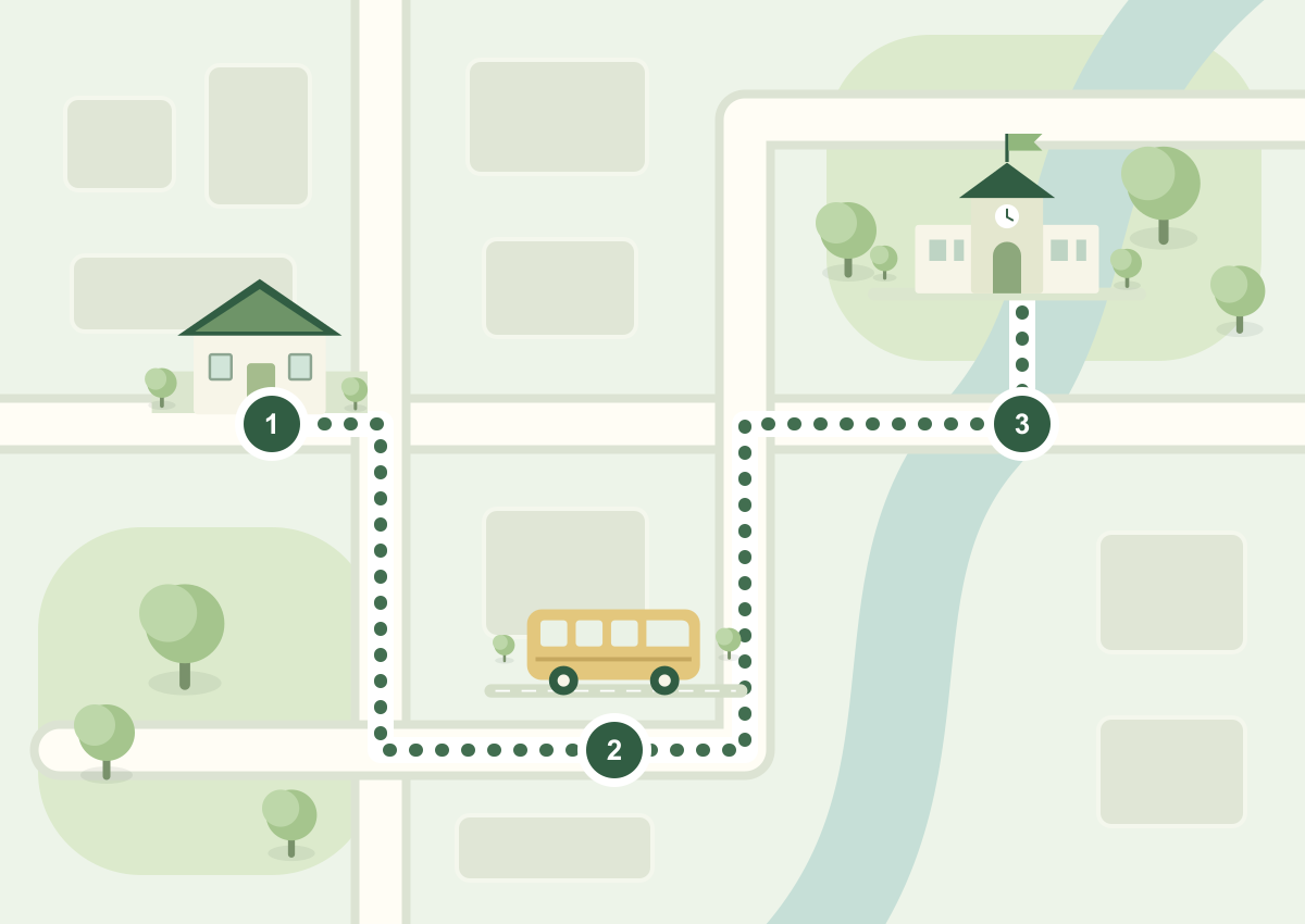 Illustrative route connecting three recorded points: home, on the way, and school