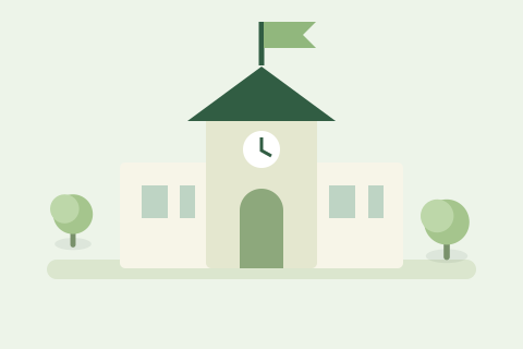 Illustration of a school with a green flag
