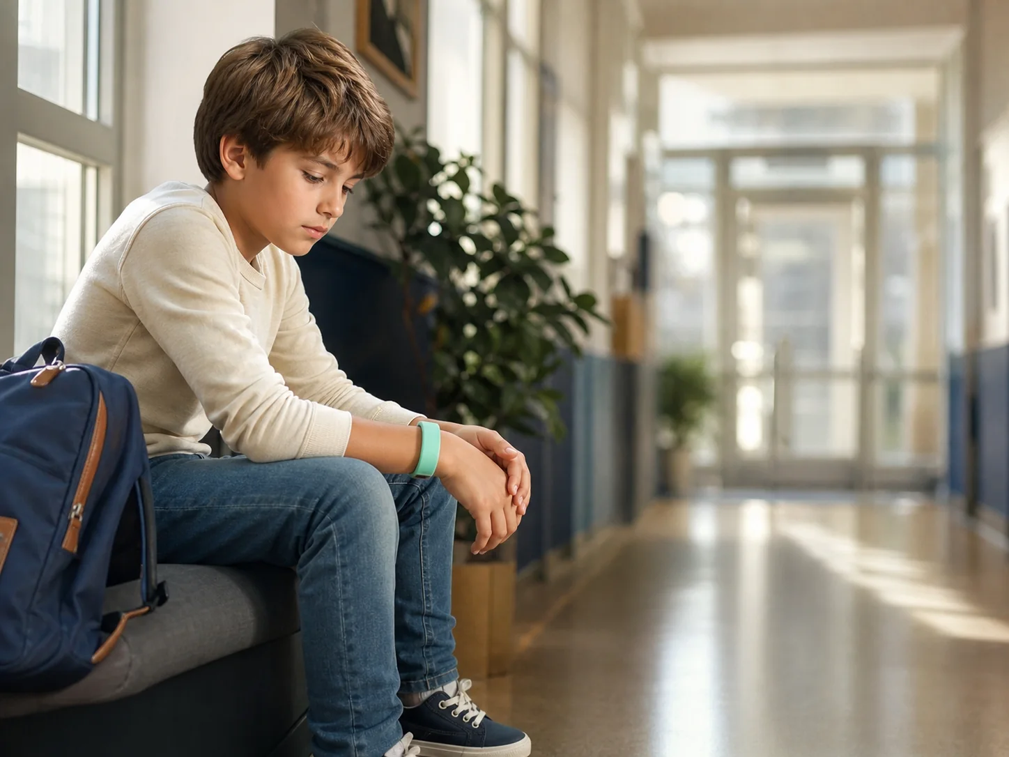 Illustration of a child sitting quietly in a school corridor wearing a Panda band.