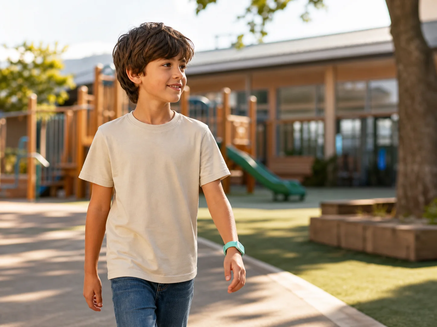 Illustration of a child walking through a sunny playground wearing a Panda band.