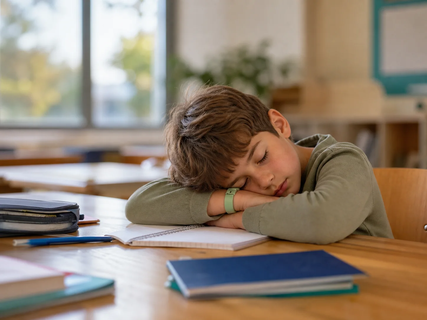 Illustration of a child resting at a classroom desk wearing a Panda band.