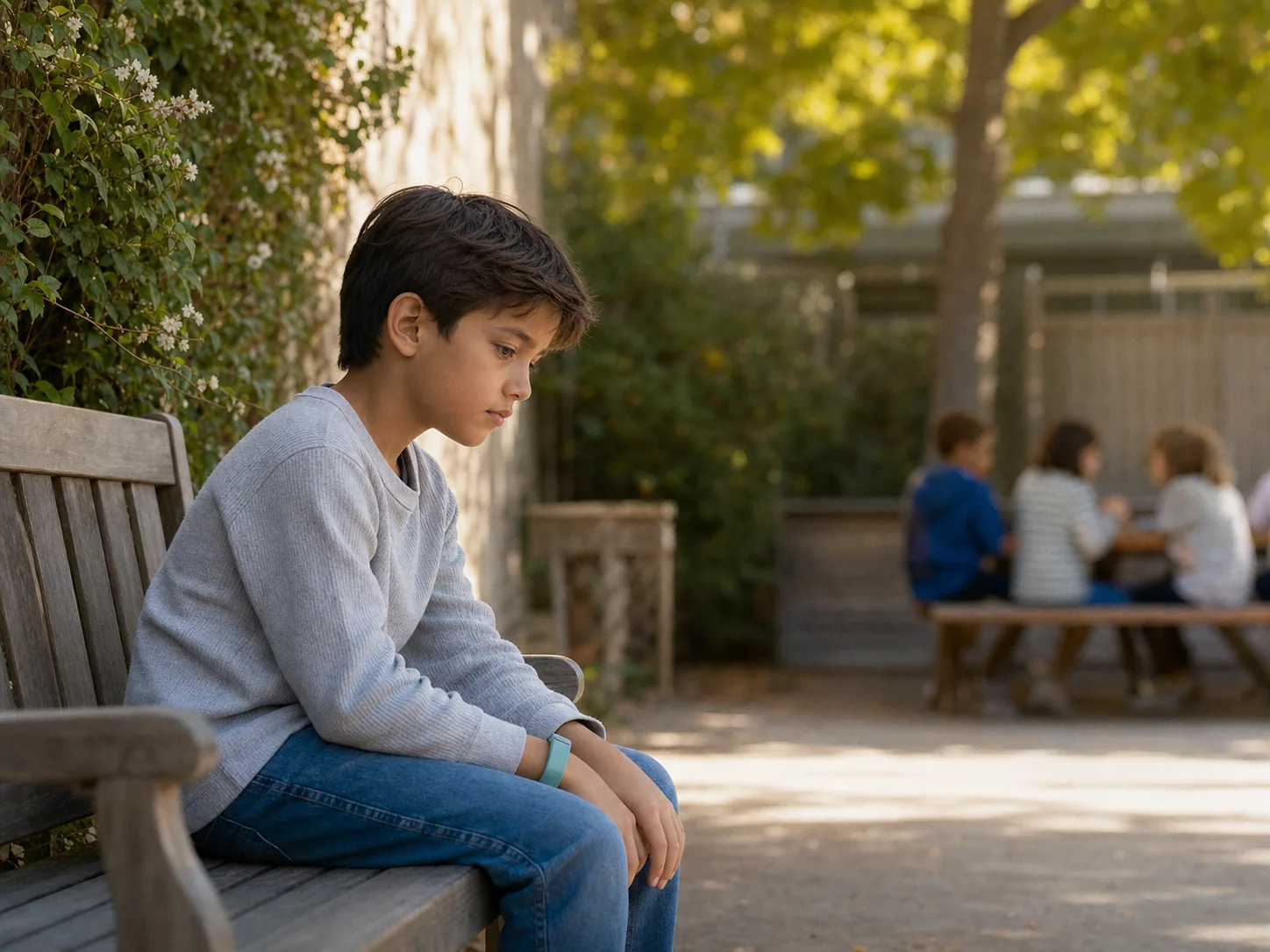 Illustration of a child taking a quiet moment in a school courtyard wearing a Panda band.