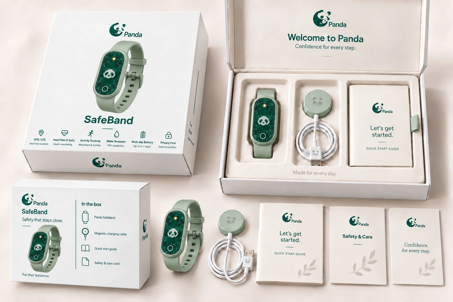 Panda Adventure packaging with wearable, magnetic charger and printed guides.