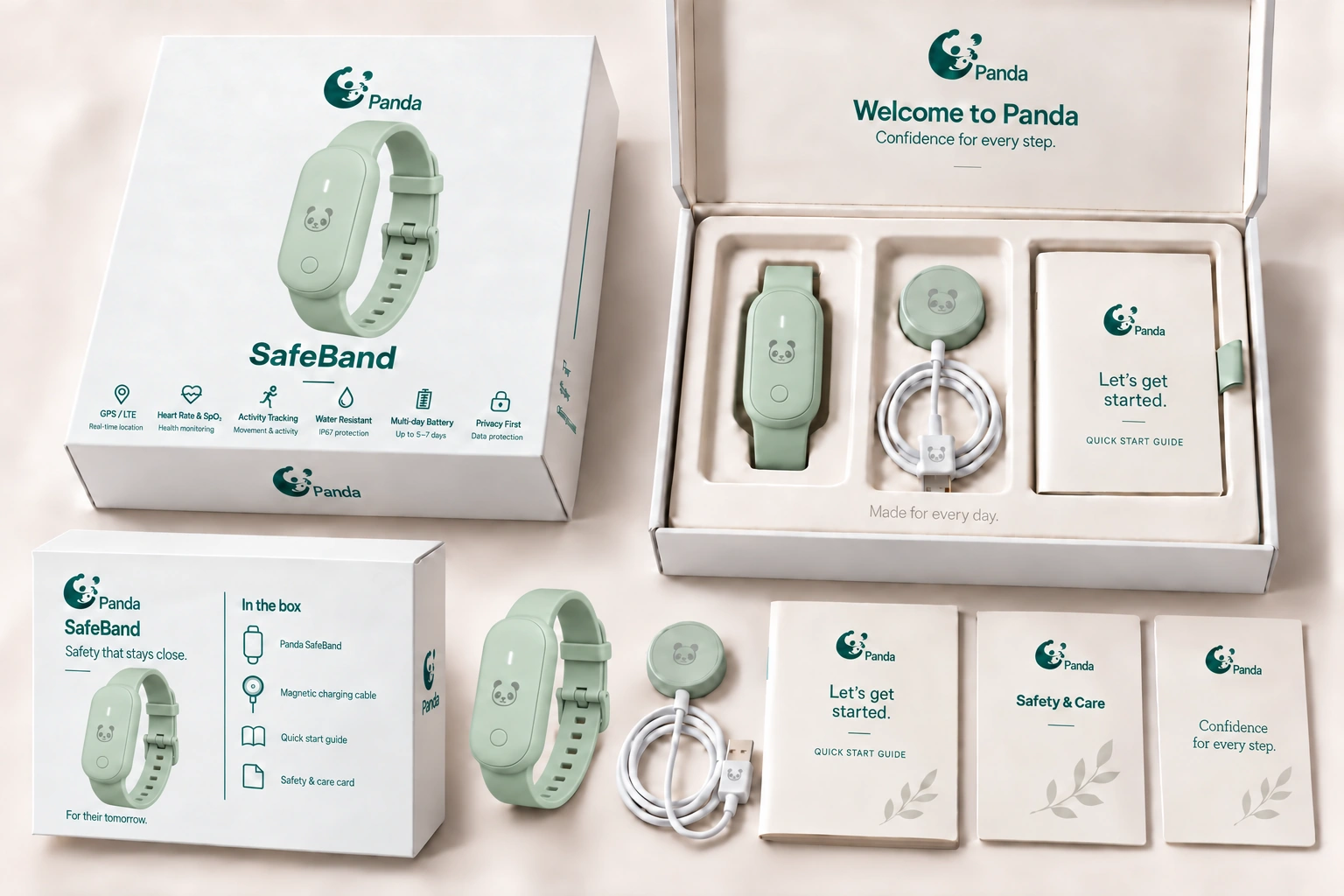 Panda Standard packaging with wearable, magnetic charger and printed guides.