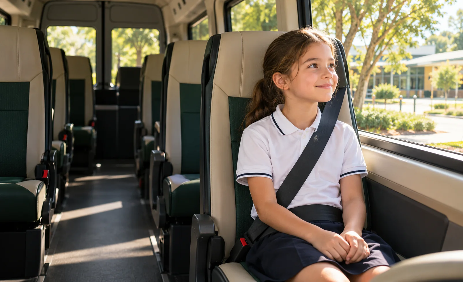Illustrative child seated with a three-point belt in a school minibus